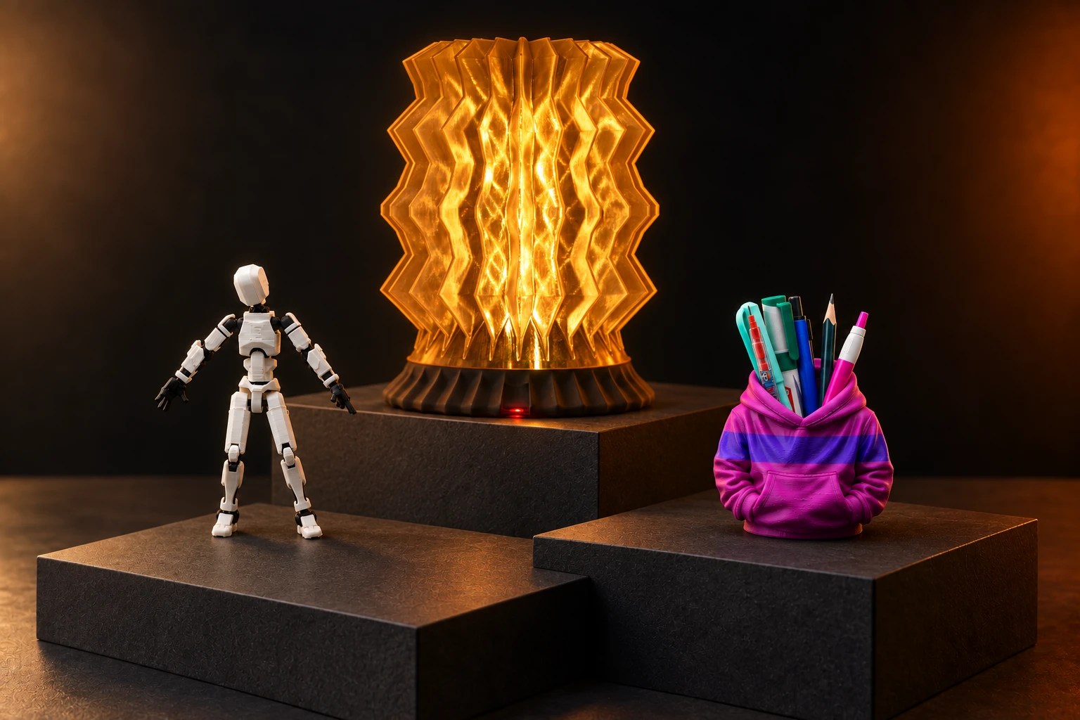Prism lamp, Hoodi pen holder and Dummy 13 figure on dark display steps; styled product composite